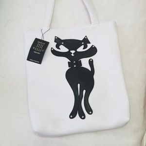 Leather Tote White Black Cat Print